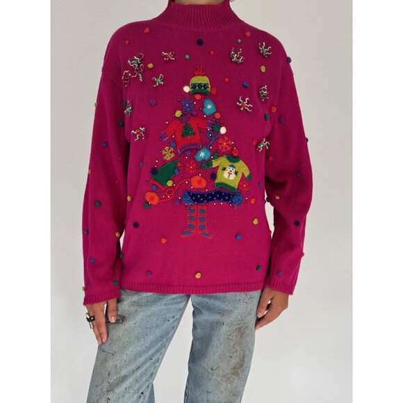 90s vintage pink festive holiday novelty embroidered ugly christmas knit sweater - Picture 2 of 10